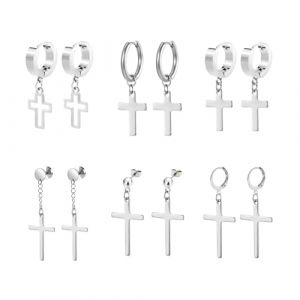 Hinvan Boucles d'oreilles Croix Homme Femme Boucles d oreilles Creoles, 6 Paires Acier Inoxydable Boucles d'oreilles Anneaux Homme Pendantes Boucles d'oreilles Cr&eacute;oles Femme Petite (Argent) (Hinvan, neuf)
