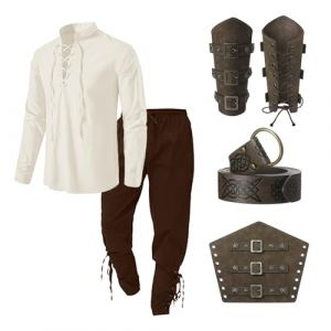Gefomuofe Costume viking pour homme, chemise, costume de pirate, en lin, vêtements médiévaux, chemise classique à lacets, chemise de pirate, pantalon et accessoires, ensemble de 4 pièces (SDFKLJV, neuf)