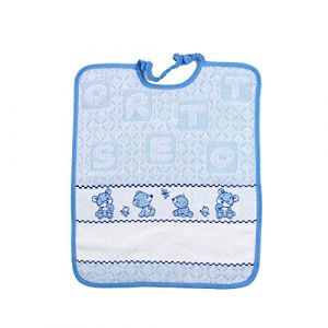 Bavoir pour crèche à broder avec ours en éponge – pour crèche et maternelle avec bande en étamine pour broder le nom – 100 % coton fabriqué en Italie (bleu) (ALMATEX SRL, neuf)