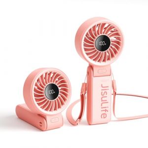 JISULIFE Ventilateur portable, ventilateur portable avec &eacute;cran LED [refroidissement maximum 19,5 heures] 5000 mAh, pli&eacute; &agrave; 150 &deg;, 5 vitesses, lani&egrave;re ; &Eacute;ventail 3-EN-1 Main/Bureau/Cou - Rose (JISULIFE-EU, neuf)