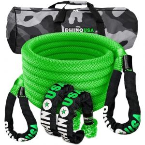 Rhino USA Kit de Récupération de Corde Cinétique 13,000 kg - 2.2 cm x 9 m - Sangle Remorquage Voiture Tout-Terrain avec 2 Manille Treuil 4x4 pour UTV ATV LKW Tracteur Camion Quad - Vert (Rhino USA, Inc., neuf)