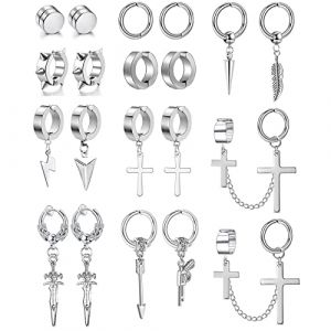 20 Pi&egrave;ces Boucles d'oreilles Magn&eacute;tiques en Acier Inoxydable Fausse Boucle d'oreille Homme Creole Croix Plume Pendantes Boucles d'oreilles pour Homme Boucle d oreilles Clip, Argent (MULIU official, neuf)