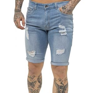 989Zé ENZO Short en Jean Stretch Slim fit pour Homme, Jean troué, Pantalon à Trous cassés avec Fermeture éclair EZS383 Bleu Clair 34 (RAW DENIM, neuf)