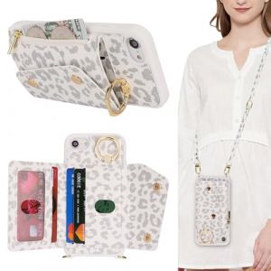 Lipvina Coque pour iPhone 8 avec Cordon Porte Carte Portefeuille &Eacute;tui iPhone SE(2020/2022) avec zipp&eacute; Cordon R&eacute;glable Collier Housse Etui avec Anneau pour iPhone 7 - L&eacute;opard Blanc (Machan-US, neuf)