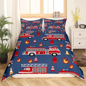 Voiture de dessin animé Housse de Couette Fire Truck Parure de Lit 200x200cm pour enfants Décor de chambre Sapeur pompier Parure Housse de Couette Firemen Car Véhicule Fire Engine Bleu Rouge (Bofanshangmao, neuf)