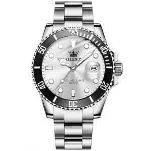 OLEVS Montre pour Homme en Argent, Grand Visage en Acier Inoxydable, Montre &agrave; Quartz Classique, Facile &agrave; Lire, Montre de Luxe pour Homme, Cadran Rouge/Bracelet argent&eacute; 5885, Standard (XQIYIUK, neuf)