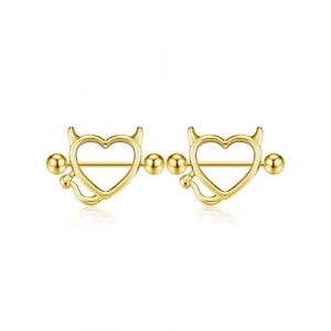 PiercingJak 2PCS Piercing T&eacute;ton Mamelon Coeur Acier Inoxydable Femme Forme D&eacute;mon Anneaux Mamelon T&eacute;ton Anneaux de T&eacute;ton 16Ga Bijoux de Corps Femme Sexy Punk-Or (KKCAT, neuf)