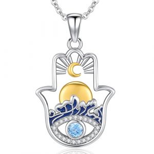 Collier Main de Fatma Argent Sterling 925, Pendentif Main de Fatma Argent Femme, Hamsa Collier Bleu avec Mauvais Oeil, Bijoux Main de Fatma pour Femme (Aniu, neuf)