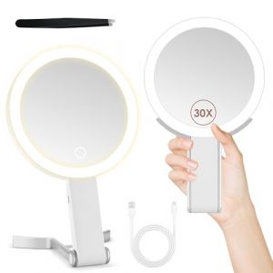 MIYADIVA Miroir Maquillage Lumière, Miroir Grossissant 2 Faces 30X Portable/À Poser/Mural, 3 Modes d'Éclairage Réglable pour Voyage/Bureau/Chambre - Cadeau Femmes Blanc (VIEW Store, neuf)