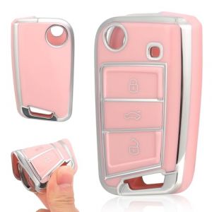 3 Bouton Housse de Protection Porte-clés pour VW Golf 7 MK7 GTI Skoda Seat Leon Octavia Polo Seat Ibiza T1guan Tarraco Coque De Clé De Voiture en Silicone VW Polo, Porte Boitier Clef VW Golf (Rose) (1-top, neuf)