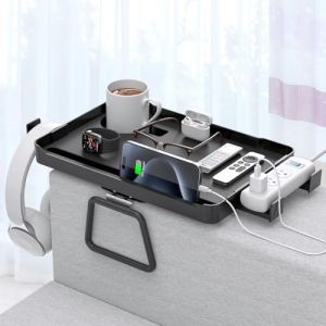 CLESOO Plateau Accoudoir Canapé 5-en-1, Plateau de Canapé de Grande Capacité avec Porte-gobelet et Support Téléphone, Organisateur de Canape avec Range Telecommande pour Différente Accoudoir Canape (CLESOO STORE, neuf)