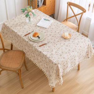 Nappe Rectangulaire Coton e Lin, Nappe de Table pour D&eacute;coration,Lavable en Machine, Style Vintage avec Motif Fleuri et Gland, Id&eacute;ale pour Table de Cuisine, Salle &agrave; Manger et Jardin (180x140 cm) (Marjoramy, neuf)