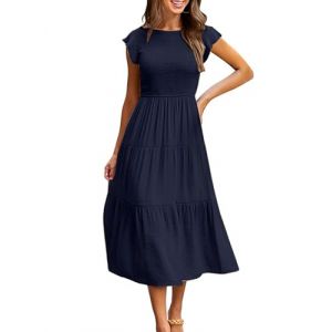 Yuson Girl Robe Longue Femme Ete Robe de Plage Boheme Casual Robe Maxi de Cocktail &eacute;l&eacute;gante Robe &agrave; Col Rond et &agrave; Manches Volant&eacute;es &eacute;lastique Taille Haute (Bleu Marine, XL) (YusonGirl, neuf)