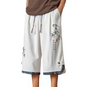 Pantalon japonais Taro pour homme - Pantalon traditionnel en lin japonais - Pantalon confortable baggy 7/8 - Pantalon kimono - Jambe droite - Pantalon en lin - Cordon de serrage - Pantalon d'été (Rigyehko, neuf)