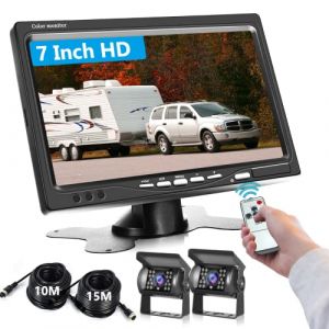 Podofo Cam&eacute;ra de recul Kit de cam&eacute;ra de recul Avant et arri&egrave;re Moniteur LCD 7 Pouces Aide au stationnement du v&eacute;hicule pour Camping-Car, Bus, remorque, Camion, Deux c&acirc;bles 32ft/49ft (Podofo electronic, neuf)