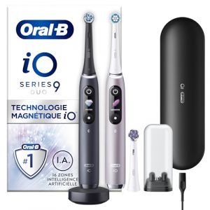 Oral-B Brosses A Dents Electriques Duo iO 9 Noire Et Rose, 7 Modes De Brossage Dont Blancheur Et Soin Des Gencives, 16 Zones De Nettoyage, Ecran Interactif, 3 Brossettes De Rechange Oral B, Etui (smart.online.shop France, neuf)