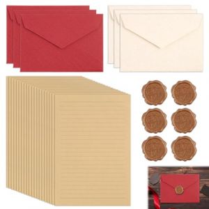 Lot de 32 Pi&egrave;ces Ensemble de Papeterie Vintage, Papier &agrave; Lettre avec 20 Feuilles en Papier Kraft, 6 Enveloppes en Papier Lin, 6 Sceaux de Cire, Id&eacute;al pour Invitations, Mariage, Cartes de V&oelig;ux (JiaHeHe, neuf)