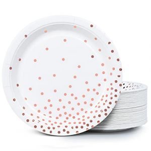 Lot de 100 assiettes jetables en carton blanc et or rose, &agrave; pois, 22,9 cm (MATICAN, neuf)