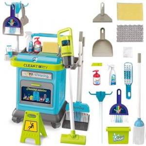 deAO Chariot de nettoyage pour enfants à partir de 3, 4, 5 ans, avec serpillère, seau, balayette, aspirateur, brosses, pelle à poussière, balayette, chariot de nettoyage, jeu de rôle, jouet ménager (FOSDA, neuf)