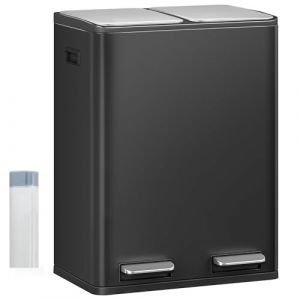 Hzuaneri Poubelle Cuisine, 60L (2 x 30 L), Poubelle Tri Selectif 2, Poubelles Tri avec P&eacute;dale Acier Inoxydable, Ilencieux et retombe Lentement, avec 15 Sacs Poubelles, pour Cuisine, Noir SW06099B (Hzuaneri FR, neuf)