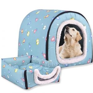 Niche pour chien 2 en 1, lit pour chien, niche chaude lavable, grande grotte pour animaux imperm&eacute;able de luxe, niche pour animaux amovible, igloo anti-anxi&eacute;t&eacute; pour chats pour int&eacute;rieur ext&eacute;rieur (A (Waigg Kii, neuf)
