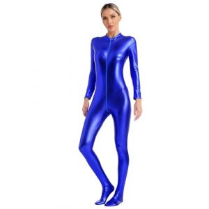 Freebily Combinaison Zentai M&eacute;tallique Carnaval Femme Justaucorps Gym Danse Dansante Discoth&egrave;que Zipp&eacute; Collant Unitard Complet Performance Clubwear S-3XL Bleu XXL (MissPretty, neuf)