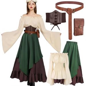 D&eacute;guisement M&eacute;di&eacute;val Femme, Robe longue style Renaissance avec corset, blouse &agrave; &eacute;paules d&eacute;nud&eacute;es, ceinture et bourse vintage, Costume victorien pour Carnaval, Cosplay et F&ecirc;te m&eacute;di&eacute;vale (Green, XL) (ToyVibe, neuf)