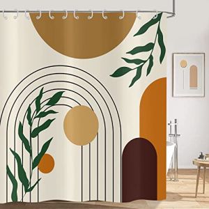 Hnmdmyi Rideau de Douche Boho 180x220, Mid Century Abstrait Vert Feuilles Arc Soleil Beige Rideau de Bain Moderne Minimaliste G&eacute;om&eacute;trique Esth&eacute;tique Art Imperm&eacute;able Tissu Lavable Rideau de Bain (Hnmdmyi, neuf)