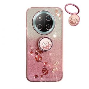 YUEQIAN Coque Paillettes pour Honor Magic 7 Lite 5G/Magic7 Lite/X9c, Tr&egrave;s Mince Transparent Doux TPU Silicone Antichoc Bling Housse, Mode Fleurs Anneau Support P&eacute;tillant Filles &Eacute;tui. Rose (YUEQIAN-EU, neuf)