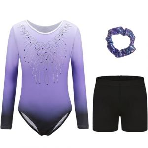 Kiscorpse Justaucorps de Gymnastique pour Filles Trois Pi&egrave;ces Maillots de Gymnastique Gymnastique &agrave; Manches Longues avec Short et Bandeau Ballet Dancewear (Violet-manches longues, 7-8 ans) (ZHENCHI-EU, neuf)