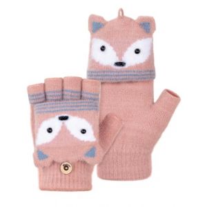 MELLIEX Mitaine Enfant, Flip Top Gants Enfant Hiver, Chaudes Moufles Demi-Doigts, Tricot&eacute;s Gants sans Doigts pour Gar&ccedil;ons Filles 5-10 Ans，Renard-Rose (YWB, neuf)
