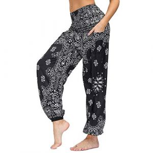 Nuofengkudu Femme Harem Pantalon Yoga Sarouel Legers Hippie Baggy Léger Ethnique Calqué Smockée Taille Haute avec Poches Été Plage (Taille Unique, Y-Noir C) (better Life, neuf)