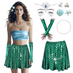 Costume Sirene Femme 8 Set, Jupe Sirène+Gants SirèNe+2 éPingles à Cheveux+Boucles D'Oreilles éToile De Mer+Tatouage Gemme De Visage+Collier De Perles, Pour Carnaval, Faire La FêTe, Cosplay (Green L) (Roserrose, neuf)