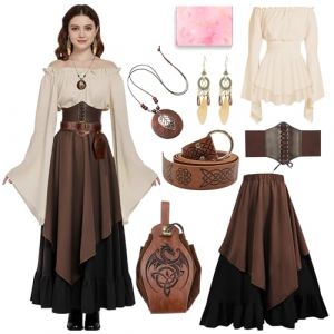 D&eacute;guisement M&eacute;di&eacute;val Femme, Robe Longue Style Renaissance avec Haut R&eacute;tro &agrave; Epaules D&eacute;nud&eacute;es, Sac Banane, Collier, Boucles d'Oreilles, Costume Victorien pour Cosplay et F&ecirc;te M&eacute;di&eacute;vale,Marron, L (CRSTREAM, neuf)