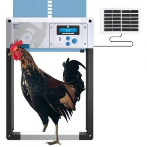 Porte poulailler Automatique 'ChickenGuard All-in-One'. Écran LCD programmable, Mode Hiver Puissant, Capteur de Lumière/Minuterie, Arrêt de Sécurité, Porte/Trappe en Aluminium (Bleu + Kit Solaire) (Doodlehouses SL, neuf)