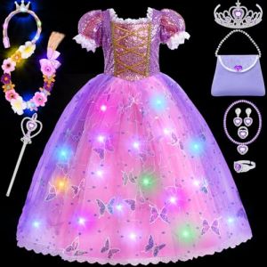 Toyssa Lumineux Robe Raiponce, Set Deguisement Princesse Fille avec Perruque Raiponce Sac à Main Couronne Princesse Baguette, Costume Princesse Fille Enfant 3 4 5 6 7 8 Ans Halloween Carnaval Cosplay (Toyssa EU, neuf)