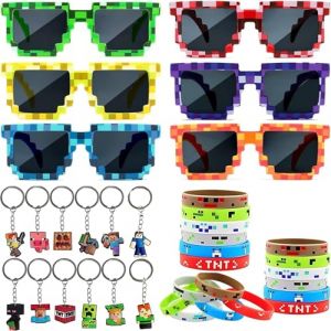 HYZMSZA Jeux vid&eacute;o Cadeau Anniversaire Enfants, 30PCS Miner Cadeaux F&ecirc;tes &agrave; Th&egrave;me Kit Jeux ave Lunettes Pixel Mosaic Porte-cl&eacute;s Bracelet, Jeu Vid&eacute;o Cadeau d'anniversaire pour Enfants (Heng he, neuf)
