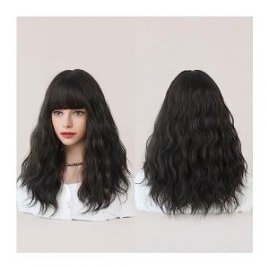 Perruques perruques rouge foncé pour femmes, perruque ondulée bordeaux avec frange, perruque synthétique colorée ombrée rouge pour le carnaval perruque de fête quotidienne (couleur : noir) (YangJiangJiangChengHuoLunDianZiShangWuShangHang, neuf)