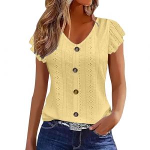 Chemisiers Et Blouses Femme Tunique Chemisier Femme Manche Courte Chic Et ÉLéGant Chemises Couleur Unie ÉTé Ample Haut Top à Revers LâChe Respirant Blouse Grande Taille Col V Button T Shirts (⭐⭐⭐⭐⭐5.0 Yaair-OEF, neuf)