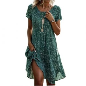 Robe Femme Chic Et Elegant Mariage &Eacute;t&eacute; Robe Coton Boheme Courte Manches Courtes Vetement Femme Ete Plage Col Rond Summer Dress Et Ventes Flash Vert XXL (⭐⭐⭐⭐⭐DUIGUN（Livraison 5-14 jours）, neuf)