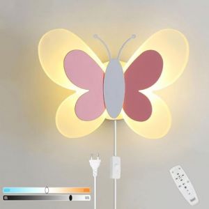 Applique Murale LED 14W avec Interrupteur Fil, Moderne Lampe Murale Chambre Enfant Lampe de chevet Lampe Papillon Jolie fille Eclairage de Mur Interieur Dimmable Chambre Salon Papillons lumineux (AMZ-0, neuf)