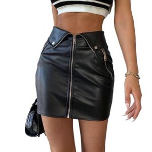 EMOTTOS Jupe Short Cuir Femme, Zip Simili Cuir PVC Elastic Stretch Mini Jupe avec Deux Fa&ccedil;ons de Porter, Deux Poches lat&eacute;rales Zipp&eacute;es Jupe Crayon Taille Haute Amincissante, Noire, M (CUMPARATURI ONLINE, neuf)