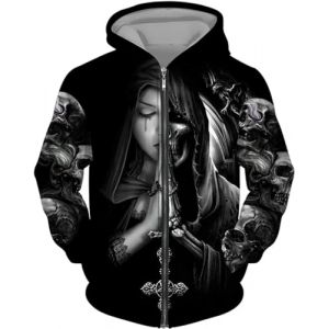 CJINSON Sweat &agrave; capuche imprim&eacute; 3D t&ecirc;te de mort d'ange pour homme, sweat-shirt &agrave; capuche fashion, hoodie &agrave; fermeture &eacute;clair int&eacute;grale, veste d&eacute;contract&eacute;e (S, # 9) (Sawm Chan, neuf)