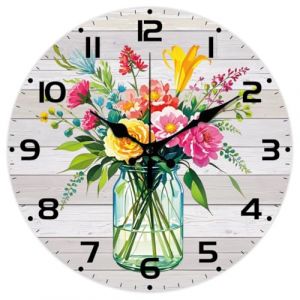 CHGCRAFT Horloge Murale Ronde en Bois Clair Motif Vase de Fleurs Sauvages 12(5) cm sans Tic Tac &agrave; Piles pour Chambre Salon Cuisine Bureau (CHGCRAFT FR, neuf)