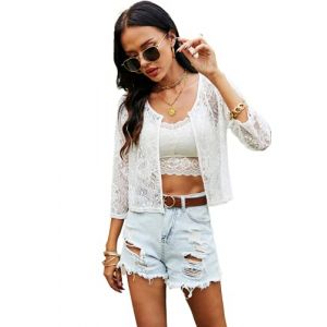 Ietaoo Boléro Femme Dentelle Cardigan Court avec Bouton Manches 3/4 Elégant Veste Boléro Gilet pour Été Printemps Automne Blanc XL (Yitao-EU, neuf)