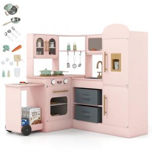HOMASIS Cucina d'angle avec Chariot Coulissant, Lumi&egrave;re et Son, Cuisine Jouet en Bois avec Four, Micro-Ondes, Machine &agrave; Gla&ccedil;ons, Cuisini&egrave;re, pour 3+ Ans (Rose) (Homasis, neuf)