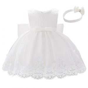 Lito Angels Robe Demoiselle d'honneur avec Bandeau pour Bebe Fille, Robe en Dentelle pour Ceremonie Mariage Bapteme, Taille 3-4 Ans, Blanc (Lito Angels FR, neuf)