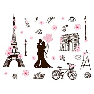 SUPERDANT Sticker Mural Tour Eiffel Romantique Paris Amour et Vélo Sticker Mural Amovible Vinyle Décoration Murale Art DIY Art PVC Sticker Mural pour Salon Chambre (SUPERDANT EU, neuf)