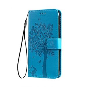LINER Coque pour Sony Xperia 10 III Etui Portefeuille, Joli Rétro Feuilles et Chat Embossée Premium PU Cuir Housse Flip Cover, Étui Antichoc Case pour Sony Xperia 10 III, Bleu (Liner-EU, neuf)