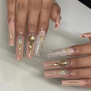Faux ongles, ongles à presser Faux ongles longs en forme de cercueil avec colle, faux ongles marron portables avec strass, presse de Ballet, couverture complète(22) (zhangtingamz, neuf)